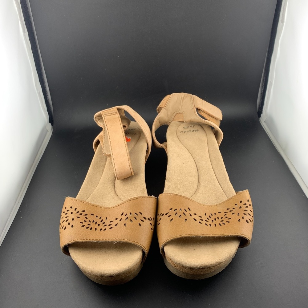 Earth Origins Kendra Krystal Wedges Heels Sandals Womens 9M Brown Leather
